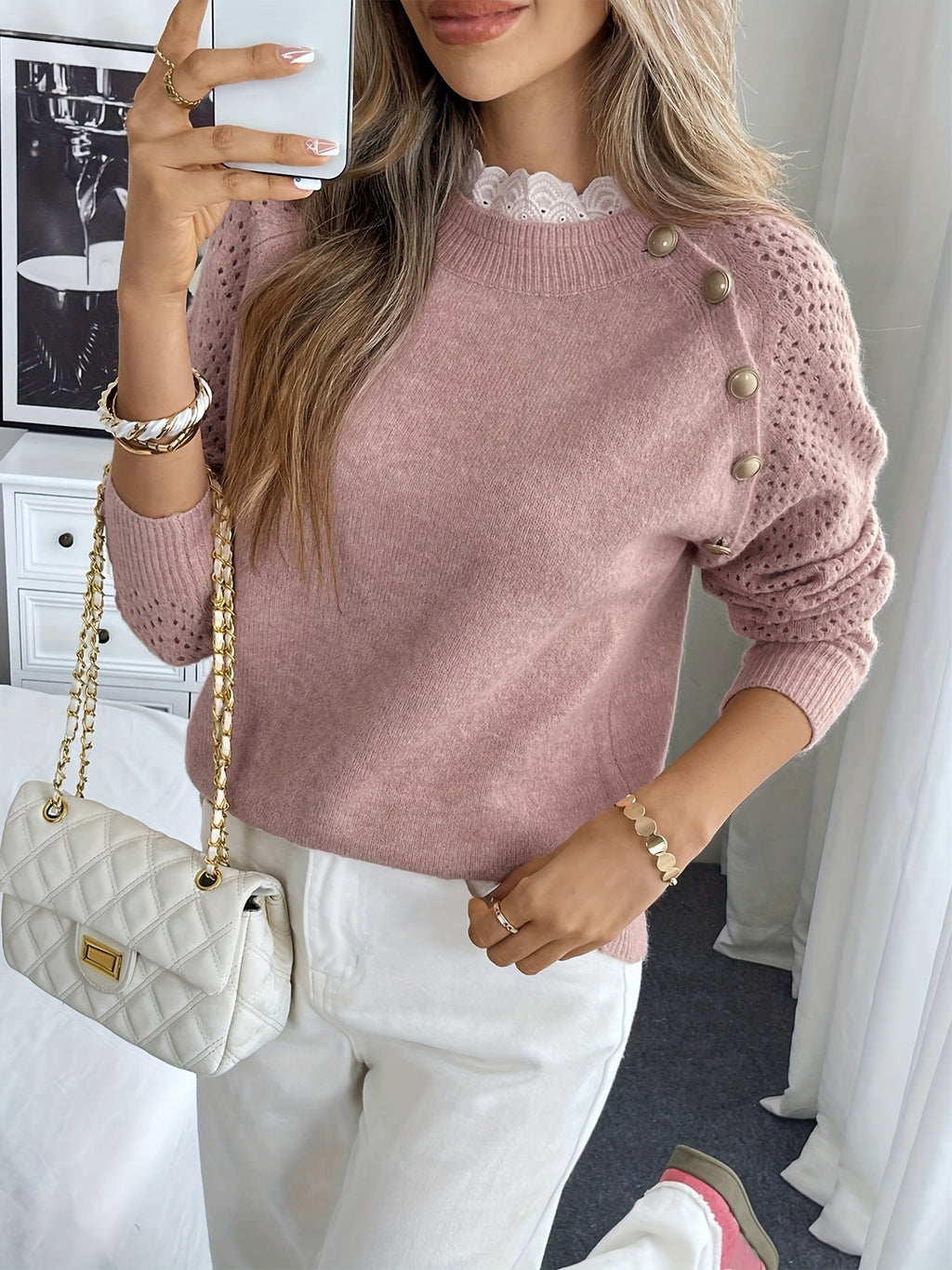 Vika Directional 2025 Autumn Winter Lace Round Neck Pullover Long Sleeve Sweater - Pink Color