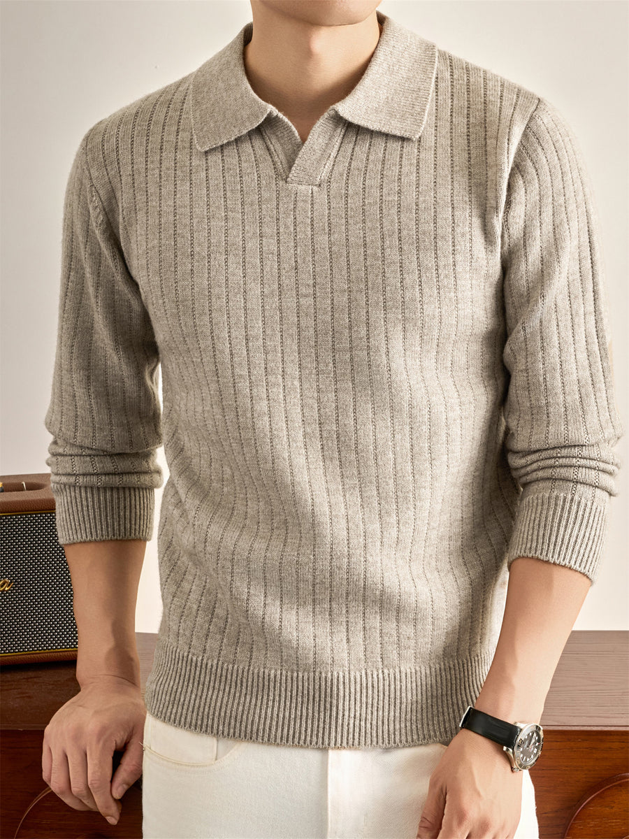 Autumn Winter Knit 3D Solid Color Lapel Polo Sweater, Basic Knit Pullover Top for Men, Fashionable Long Sleeve Sweater, Size S - Green Rice