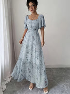 Elegant Everyday Casual Women's Chiffon Butterfly Print Batwing Sleeve Drawstring French-Style Sweet Summer Maxi Dress - Royal Blue