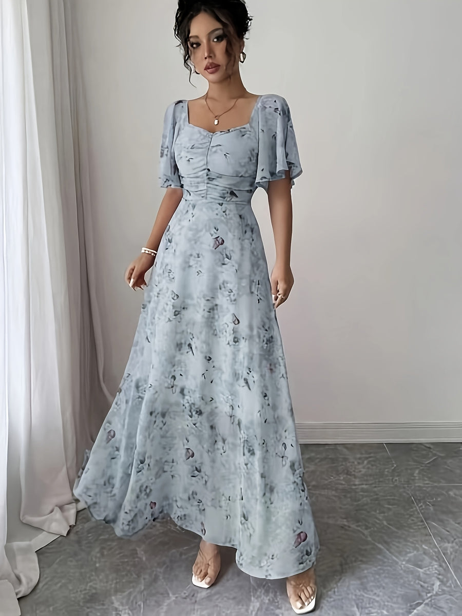 Elegant Everyday Casual Women's Chiffon Butterfly Print Batwing Sleeve Drawstring French-Style Sweet Summer Maxi Dress - Royal Blue