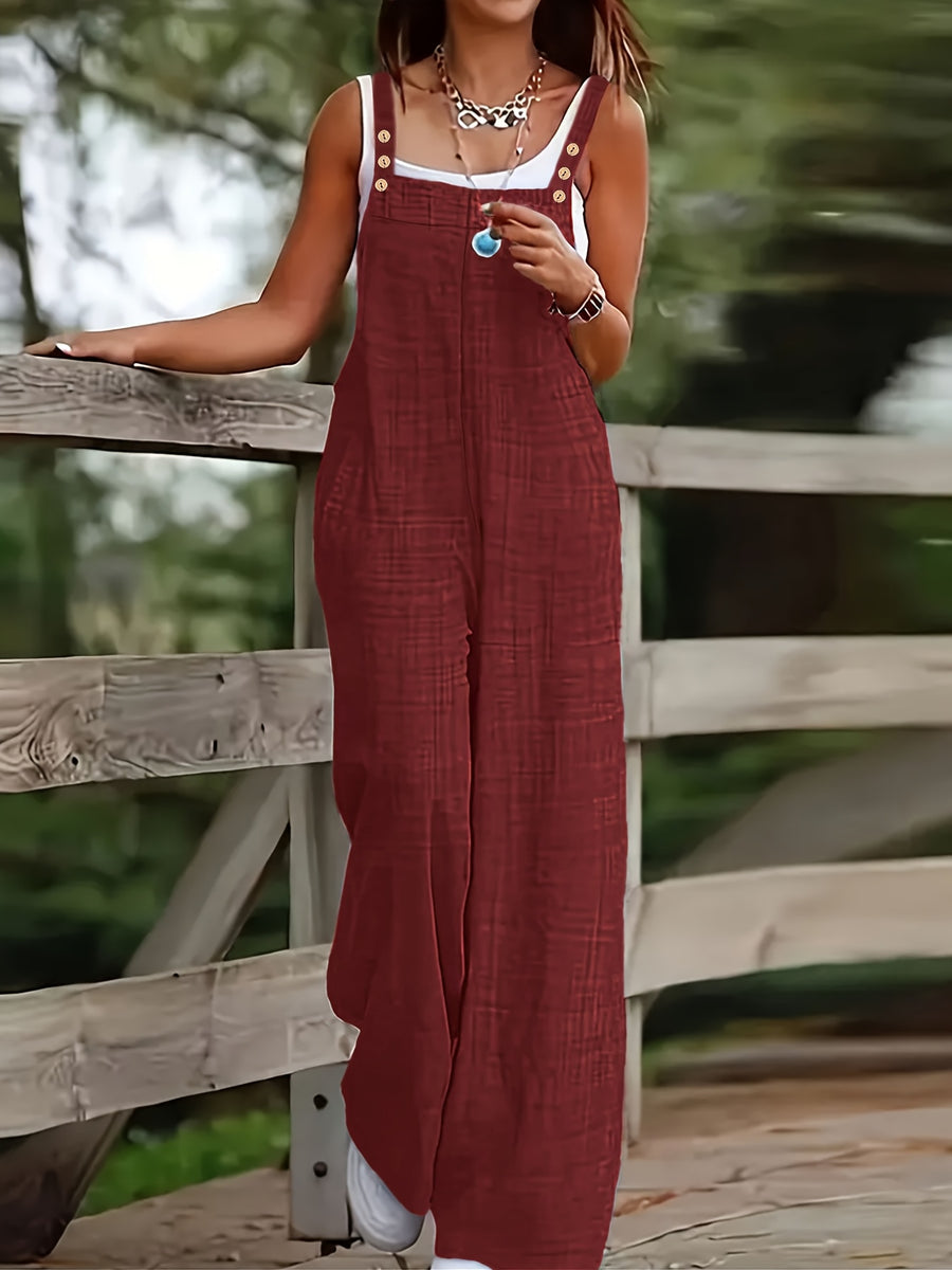 Women's Vacation Wide-Leg Jumpsuit - Sleeveless with Adjustable Buckle Straps, Pockets Included, Machine Washable, Solid Color - Burgundy