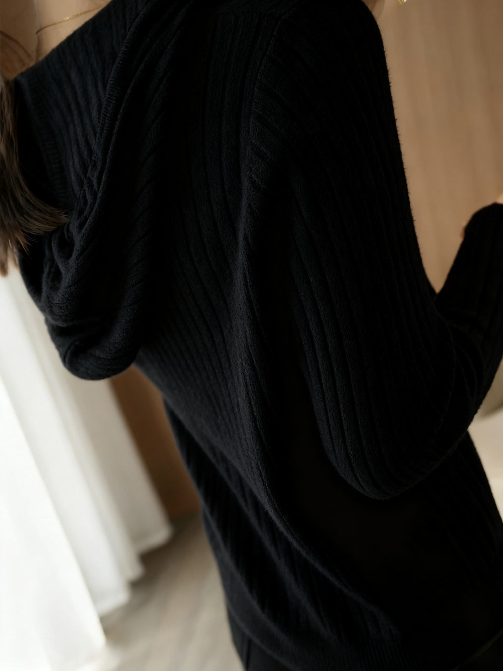 Autumn Winter Women'S Fashion Ribbed Cloud Plush Casual Hoodie - Black