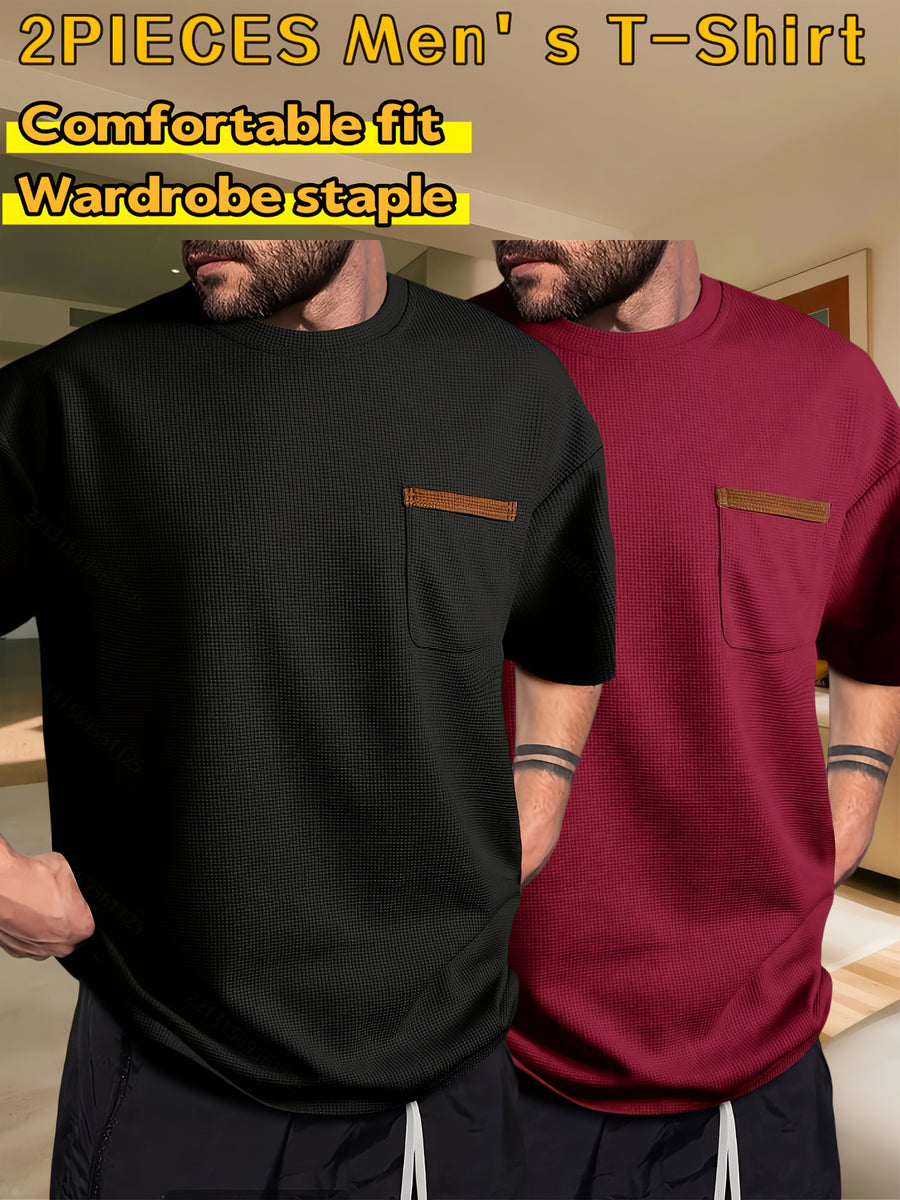Men's Waffle-Knit Short Sleeve T-Shirt - Breathable Base Layer & Casual Round Neck Pocket Tee, Solid Color Suitable for Gym, Casual Attire, Machine Washable, Spring/Summer Layering Shirt, High-Fit Rate for Lifestyles - Black+Burgundy