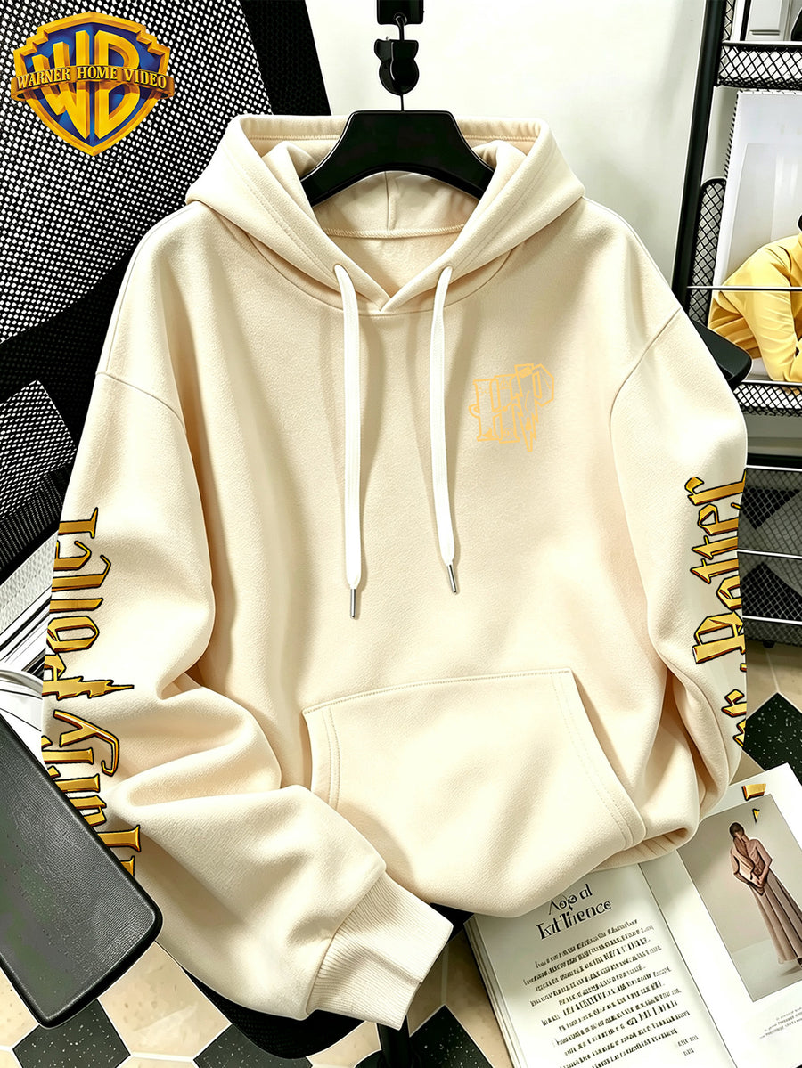 Warner Bros Official Q-Version Four-Panel Magic Boy Group Print Hoodie - Men's Fashion Hoodie with Adjustable Drawstring, Loose and Comfortable Sweatshirt, Suitable for Daily and Outdoor Sports Wear, the Perfect Choice for Warmth in Autumn - Apricot