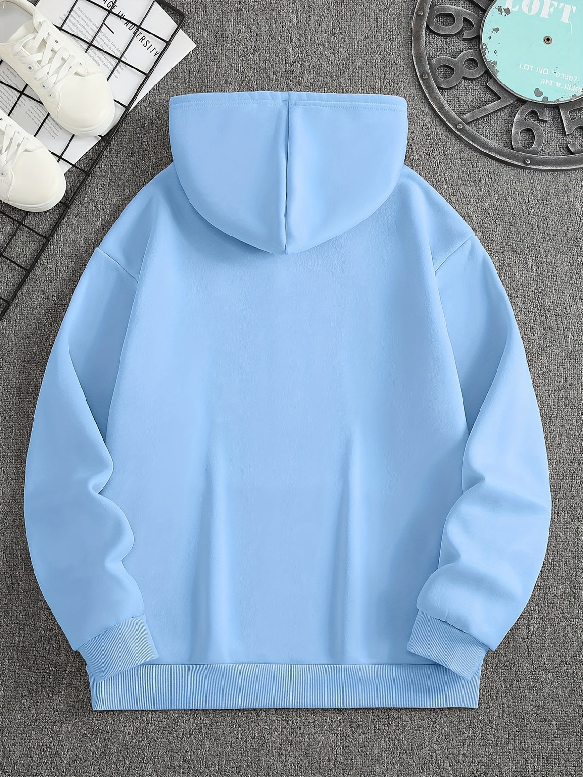 Men's Autumn/Winter Letter Print Pattern -Lined Hooded Sweatshirt, Versatile Sporty Casual Loose Fit Hoodie - Sky Blue