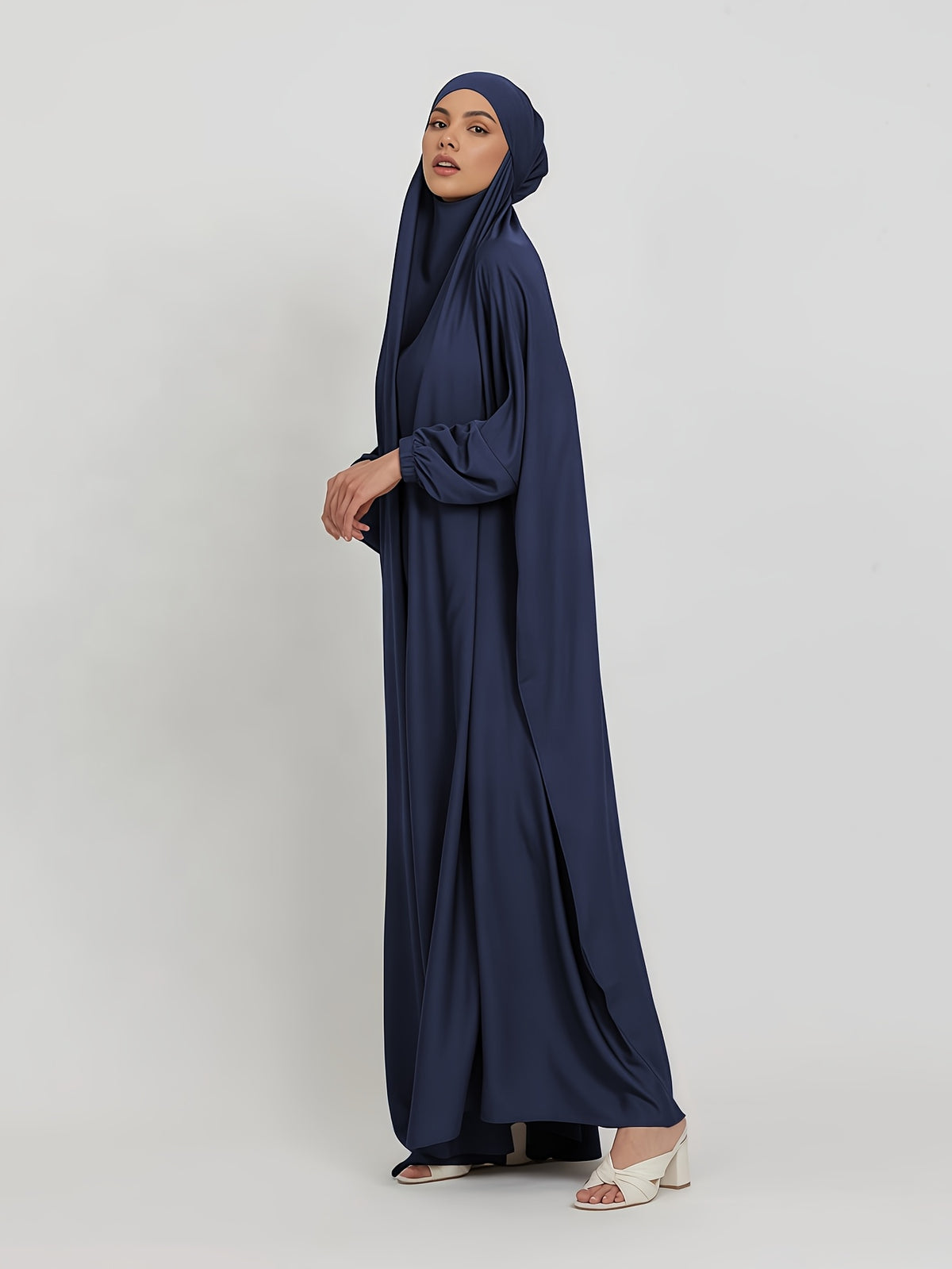 1pc Jilbab, 1pc Khimar with a Rich Drape, Cuffed Sleeves, and a Loose Fit, Suitable for Busy Daily Wear or Worship - Navy Color