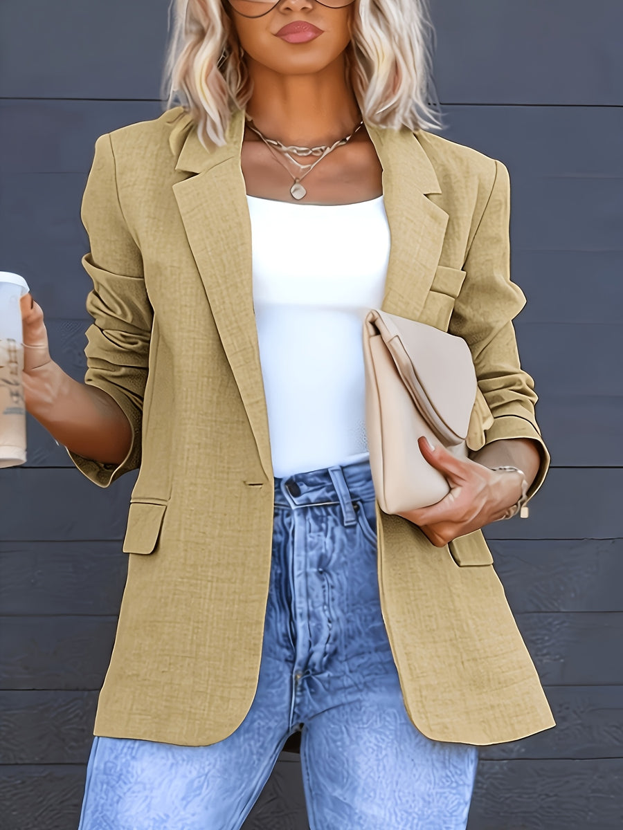 Fashionable Women's Elegant Blazer, Stylish Commuter Versatile Cardigan with Real Pockets, Solid Color New Casual Spring Jacket - Khaki