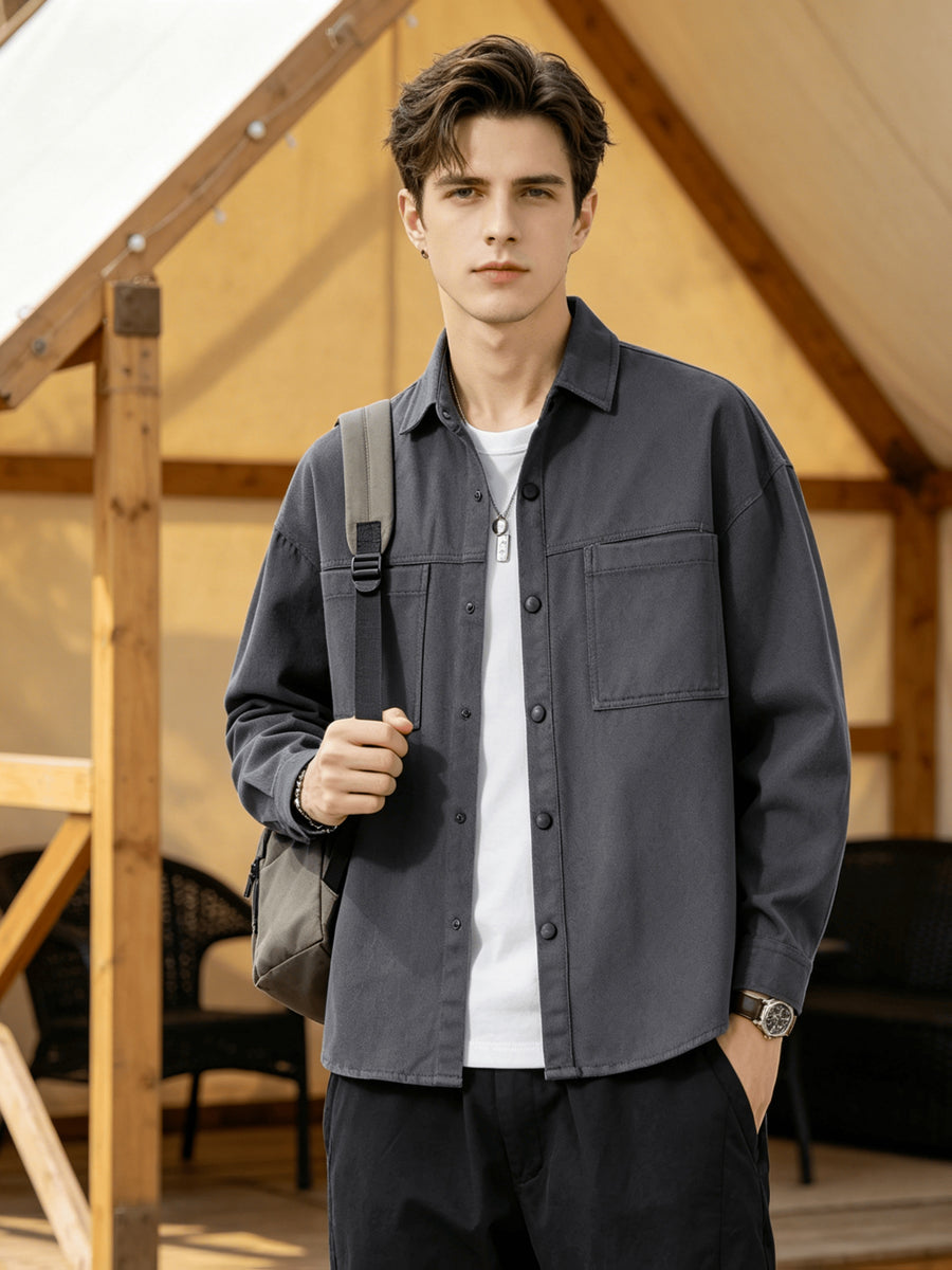 Men'S Cargo Long Sleeve Shirt, Pure Casual Blouse Loose Multi-Pocket Design Breathable Durable Fabric Street Outing Light Outdoor Camping Versatile Casual Top - Grey