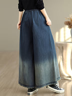 2026 New Women'S Loose Casual Elastic Waist Tie-Dye Gradient Denim Wide-Leg Trousers - Blue