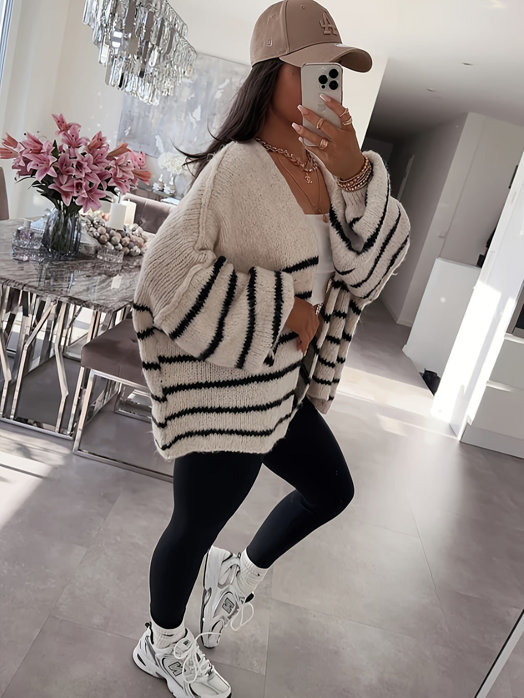 Autumn Winter Loose Lazy Style Soft Muted Contrast Black White Striped Casual Women'S Cardigan Coat - Mixed colors