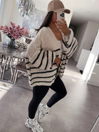 Autumn Winter Loose Lazy Style Soft Muted Contrast Black White Striped Casual Women'S Cardigan Coat - Mixed colors