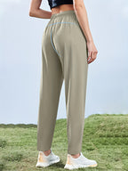 Women'S High-Elasticity Straight-Leg Fiber Pants | Casual Solid Color Long Length with Drawstring Waist, Zipper Pocket, Quick-Dry for Spring/Fall - Khaki