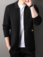 Men's Lapel Vertical Stripe Knit Cardigan Jacket, featuring a light business style with a mature and steady vibe, yet incorporating a sense of casualness. Flattering on all body types, suitable for men - SINBOS - Black