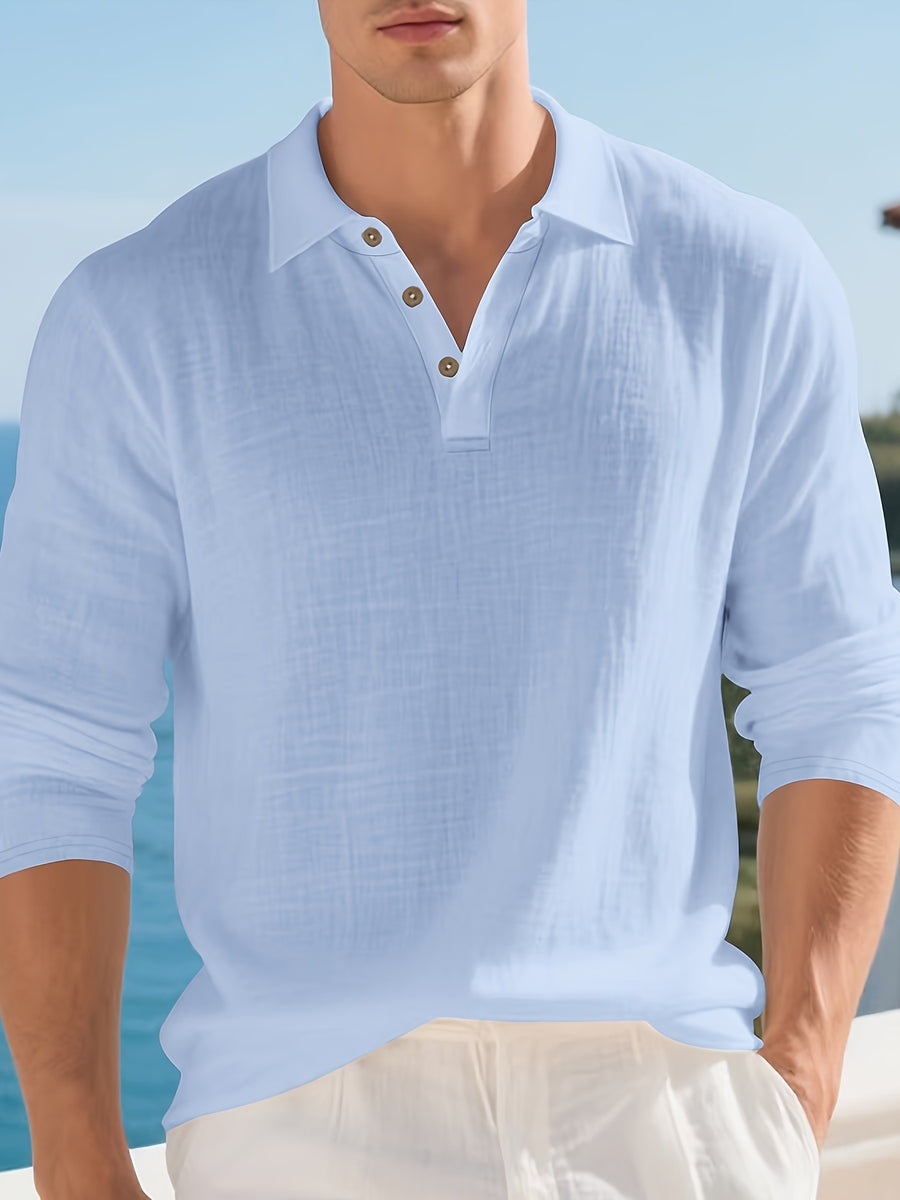 Summer Men'S 3pcs Lightweight Breathable Linen Long Sleeve Polo Shirt Solid Color Versatile Henley Button-Up T-Shirt Casual Vacation Commute Top - Blue+cyan+black