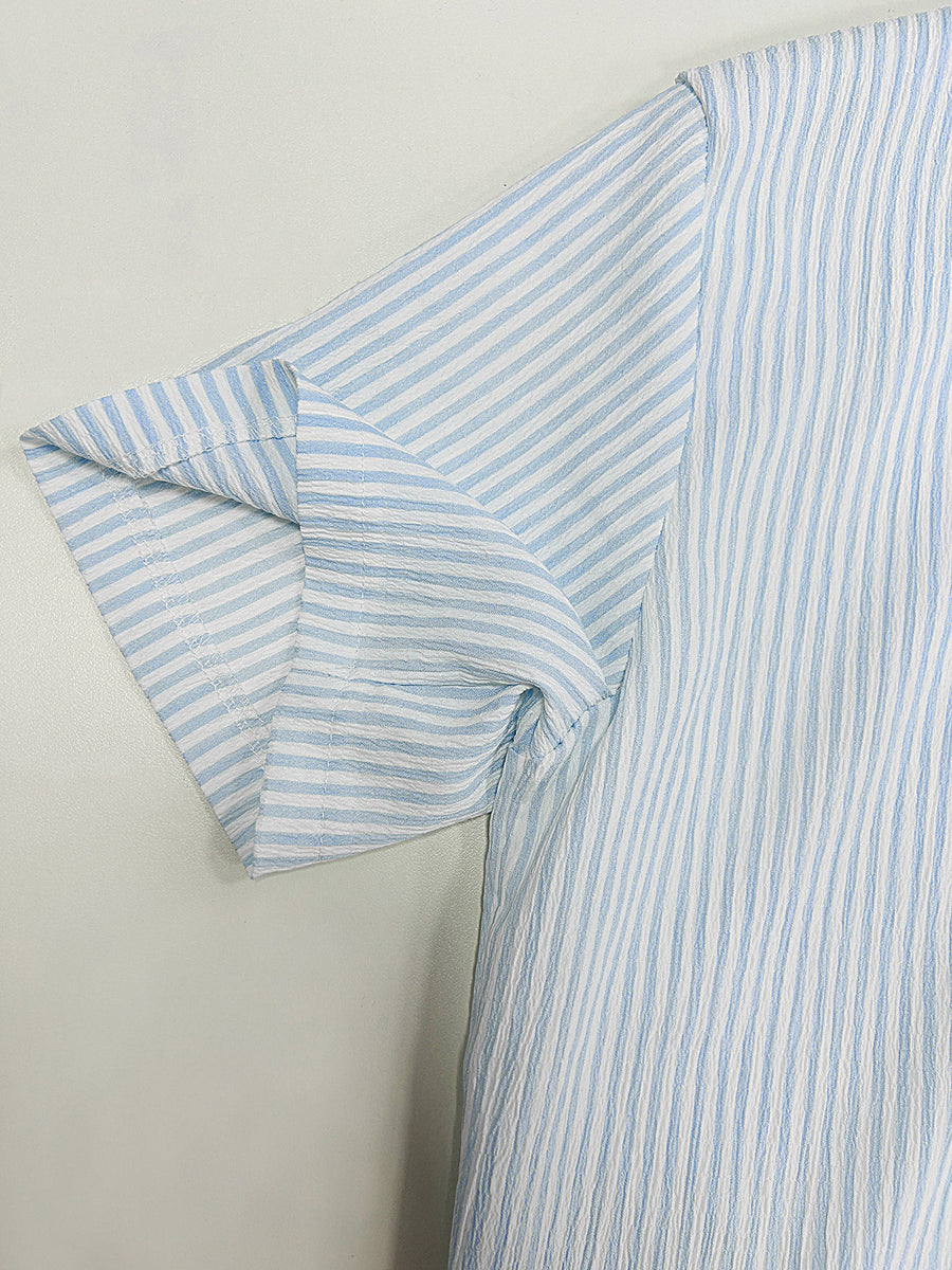 Men'S Striped Shirt Easy Print, Breathable Striped Summer Shirt, Stand-Up Collar Design Suitable for Beach Outings And Daily Casual, Beach Shirt, Outdoor Leisure, Soft Texture, Vacation Wear - Light Blue