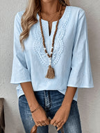 New Women'S V-Neck Lace Trim Blouse, Half-Sleeve Comfortable And Casual Vintage Clothing - Light Blue