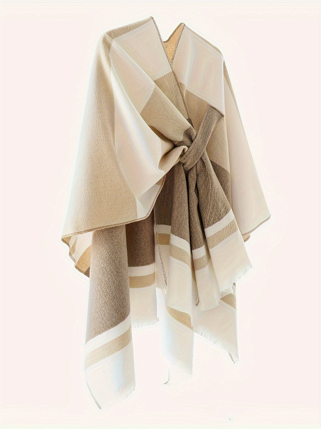 Women's Fashion Classic Striped Color Block Pattern Autumn and Winter Windproof Buttoned Travel Wrap Coat - Khaki