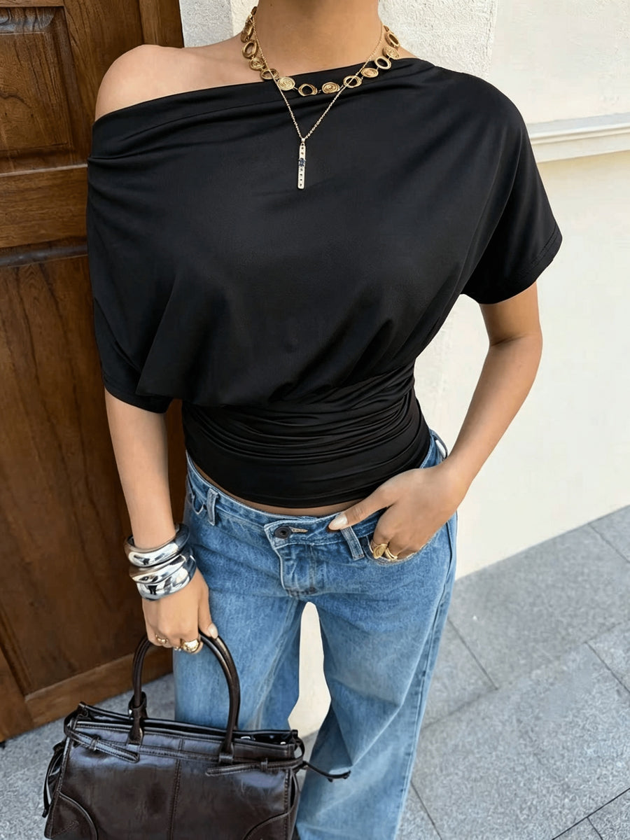 Gauze Off-Shoulder Short-Sleeve Top, Open-Shoulder One-Piece T-Shirt - Black