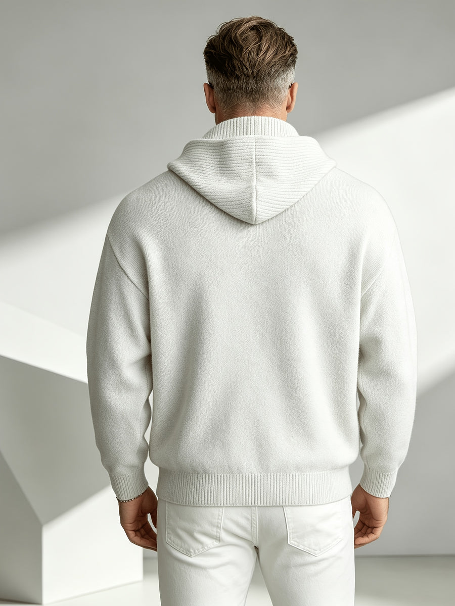 2026 New Fashionable Business Mature Casual Men'S Hooded Long Sleeve Knit Sweater, Slim Soft Warm Solid Color Knit Pullover Top, Fall Winter Suitable for Daily Office And Weekend Casual Outfits - Ivory White