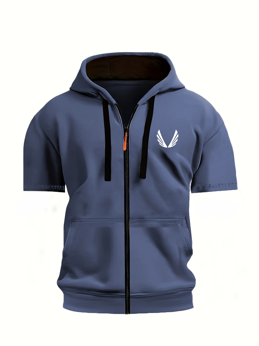 Summer American Fitness Hooded Fashion Short-Sleeve T-Shirt for Men and Women, Suitable for Outdoor Training, Running, and Casual Wear with Zipper - Bright Steel Blue