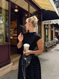 New Women's Polka Dot Maxi Dress, Waist-Cinching Style, Elegant French-Style Dress - Black