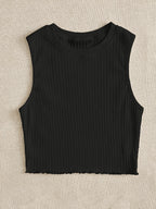 Solid Color Sleeveless Ribbed Lettuce Edge Vest - Black