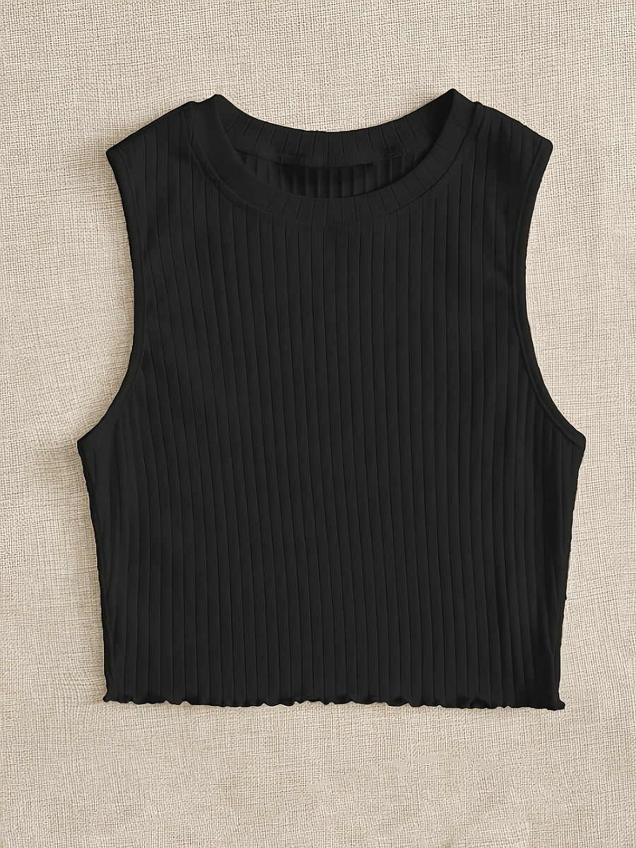 Solid Color Sleeveless Ribbed Lettuce Edge Vest - Black