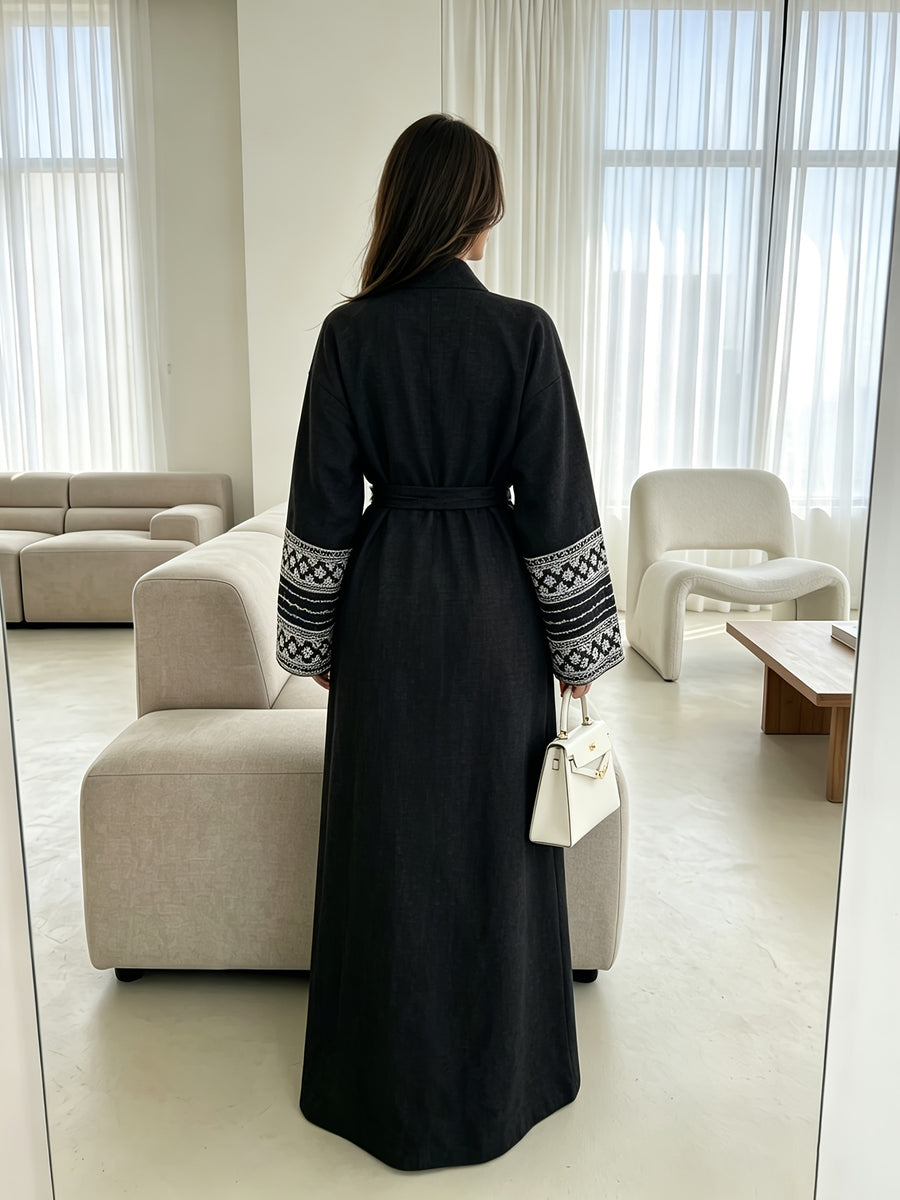 1pc Fashionable And Elegant Vacation Solid Color Sleeve Embroidered Flower Shirt Light And Breathable Easy Modest Open Style for Daily Wear Travel Comfortable Casual Cardigan. Muslim Abaya And Robe Summer Abaya Women'S Open Abaya Fashion Easy Women - Black