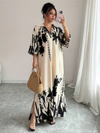 YY0402040 Summer Elegant Holiday Party Floral Print Lapel 3/4 Sleeve Slit Hem Loose Dress - apricot + black