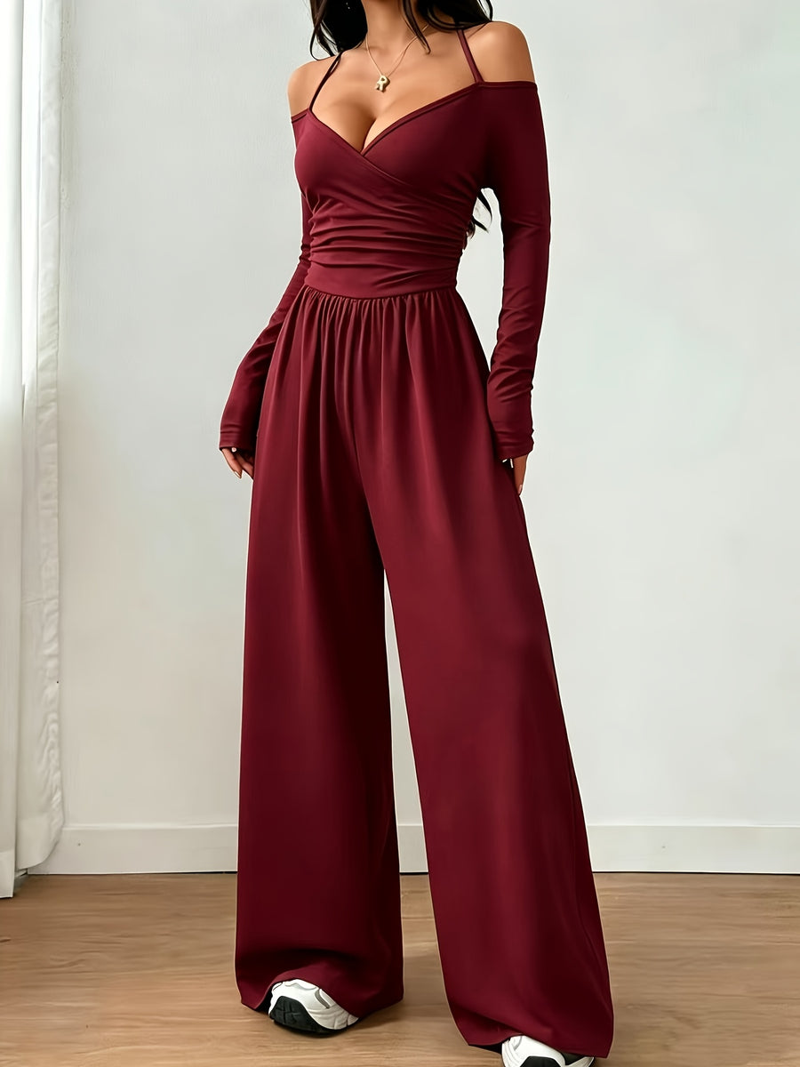 Women's Casual Solid Color Long Sleeve Halter Neck Off-Shoulder Wide Leg Jumpsuit - Burgundy