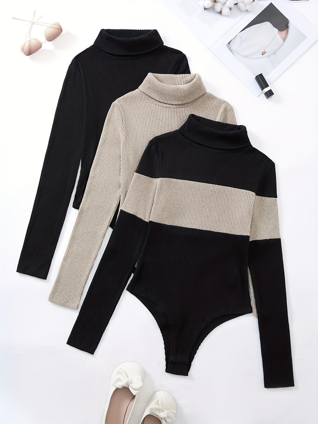 Three-Piece Women's High-Neck Color-Blocked Bodysuit, Suitable for Autumn and Winter Wear - Black Apricot + Apricot + Black