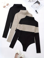 Three-Piece Women's High-Neck Color-Blocked Bodysuit, Suitable for Autumn and Winter Wear - Black Apricot + Apricot + Black
