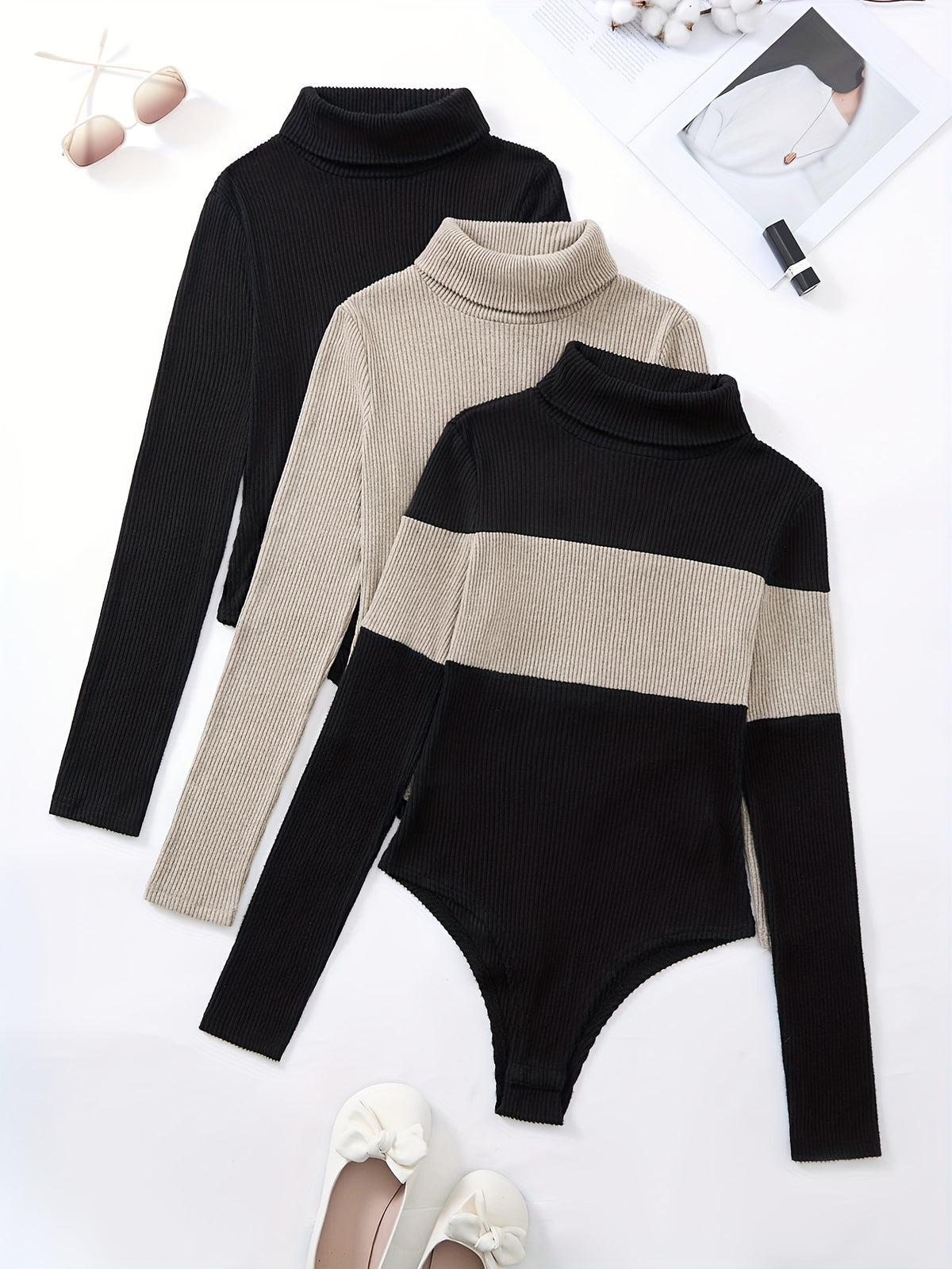 Three-Piece Women's High-Neck Color-Blocked Bodysuit, Suitable for Autumn and Winter Wear - Black Apricot + Apricot + Black
