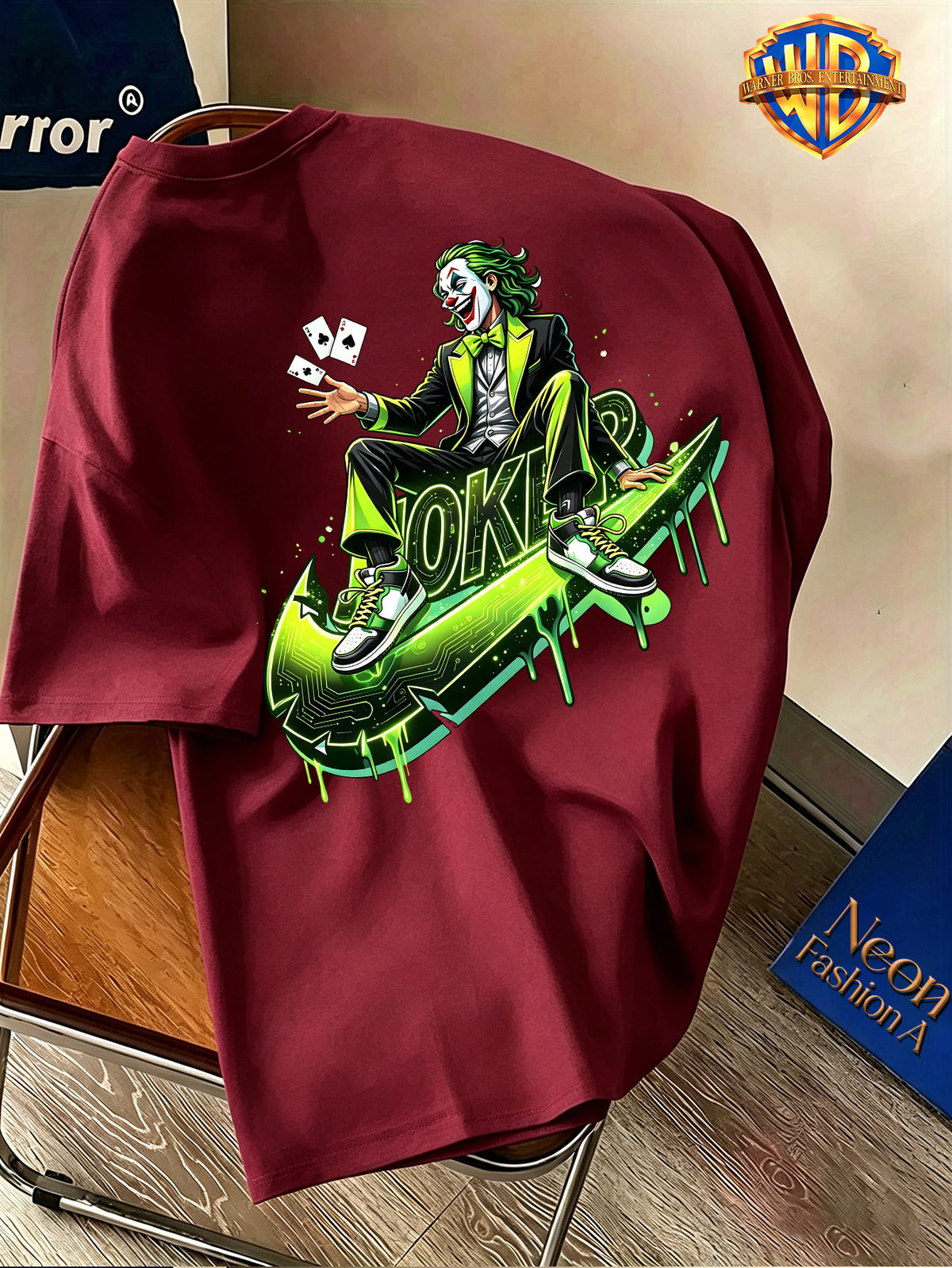 Warner Bros. Official Licensed Men'S Short Sleeve T-Shirt, DC Authentic Cyber Trendy Joker Print, American Retro Street Style Design, Spring/Summer Top, Regular Fit, Suitable for Outdoor, Fitness, Office, And Casual Wear - Burgundy