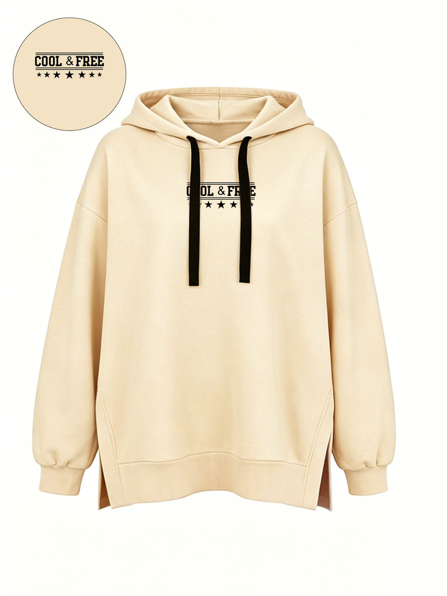 Women'S Fashion Hooded Sweatshirt for Autumn And Winter - Pattern Print Design, Side Slit Detail, Pullover Hoodie - Apricot