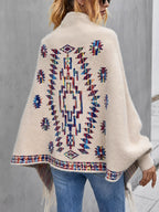 Elegant Special Edition 1pc Casual Elegant Women's Cardigan, Fair Isle Style Geometric Jacquard Fringe Lapel Open Front Batwing Sleeve Shawl Cape, Women's Mid-Length Warm Windproof Versatile Sweater Outerwear, 100% Polyester Fiber - Off-white