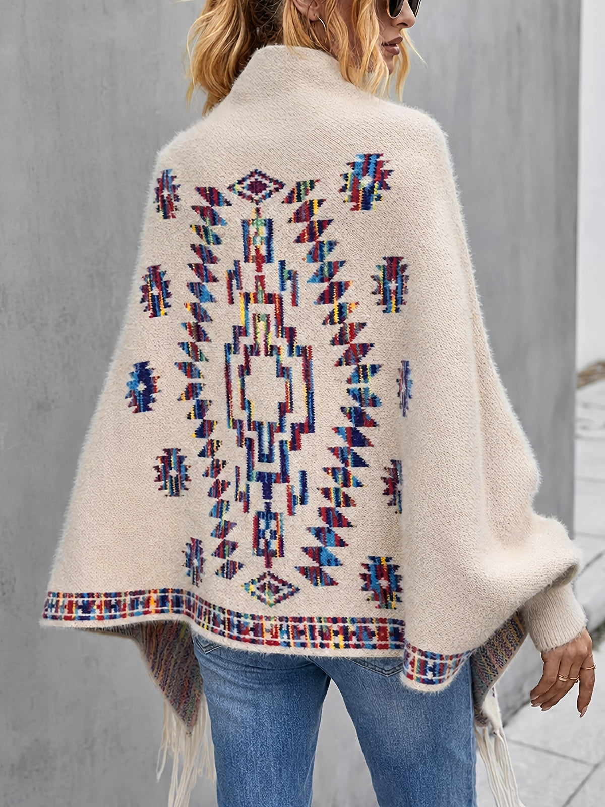 Elegant Special Edition 1pc Casual Elegant Women's Cardigan, Fair Isle Style Geometric Jacquard Fringe Lapel Open Front Batwing Sleeve Shawl Cape, Women's Mid-Length Warm Windproof Versatile Sweater Outerwear, 100% Polyester Fiber - Off-white