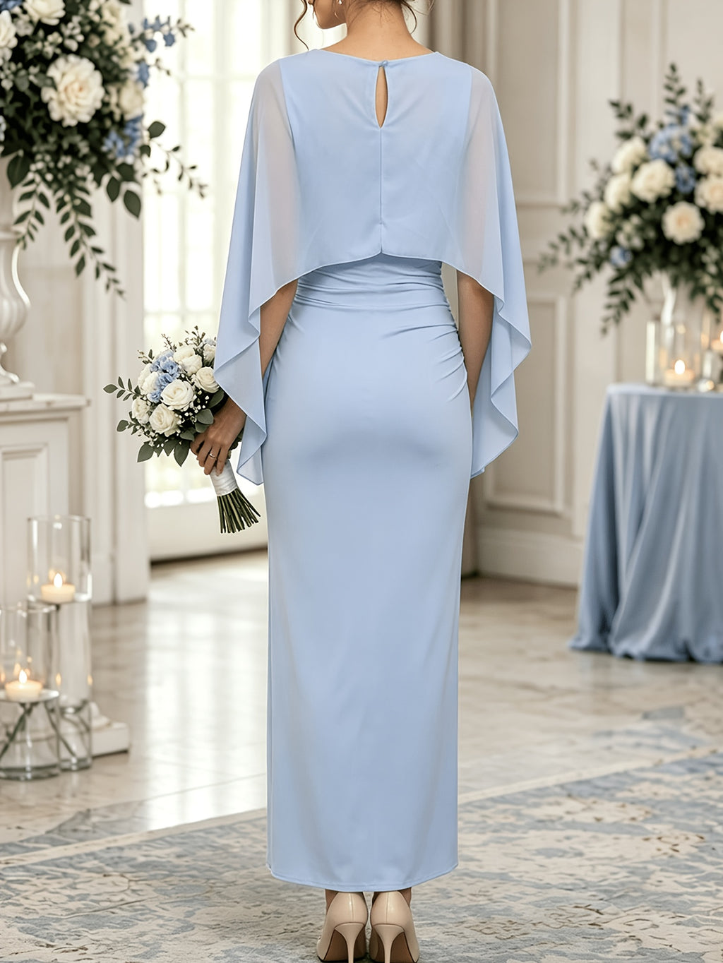 Light Blue Round Neck Chiffon Cape Shawl Dress, Waist Straight Pleated Stretch Fitted Banquet Long Evening Dress - Sky Blue