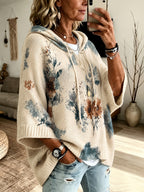 2026 Women'S Fall Winter Vintage Floral Print Hooded 3/4 Sleeve Cape Sweater Top with Drawstring Design, Lazy Style Fashion Versatile Casual Commute Vacation Pullover Top Women'S Clothing - Apricot