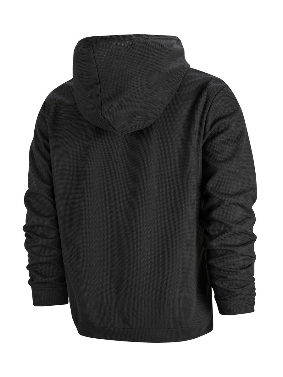 Men's Solid Color Waffle Knit Half-Zip - Lightweight Breathable Half-Zip Hoodie, Long Sleeve Casual Pullover Suitable for Streetwear, Travel, Spring & Autumn Layering, Waffle Texture - Black