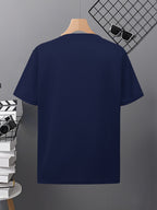 Men's American Street Style Printed T-Shirt, Summer Casual Crew Neck Top, Featuring Unique Split-Screen Black and White Landscape Pattern with Palm Trees, Beach Scenes and Artistic Slogan, Soft Breathable Fabric for Daily Wear, Va - Navy Color