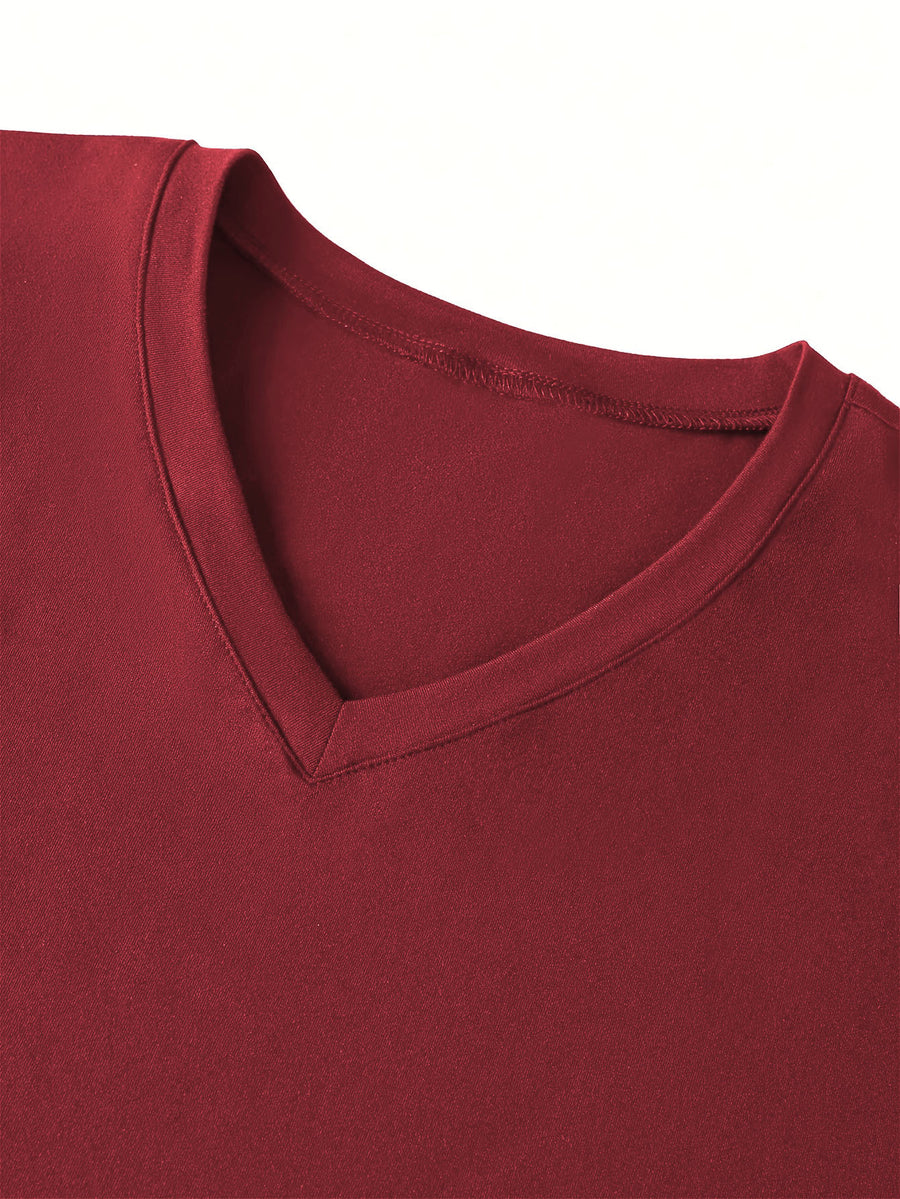 180g 100% Men's V-Neck Short-Sleeve Top, Casual T-Shirt, Solid Color Base Layer, "5-work" Summer All-Season Base Layer, Factory-Made for Men, Comfortable, High Quality, High Fit Rate, Casual Sportswear - Red