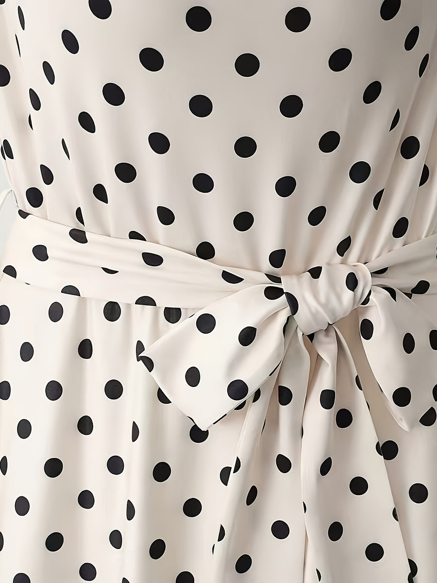French Retro Polka Dot Print Sleeveless Tie-Neck Long Dress for Women, Summer New Gentle Style Waist-Cinching Dress for Beach Vacation And Dates - White