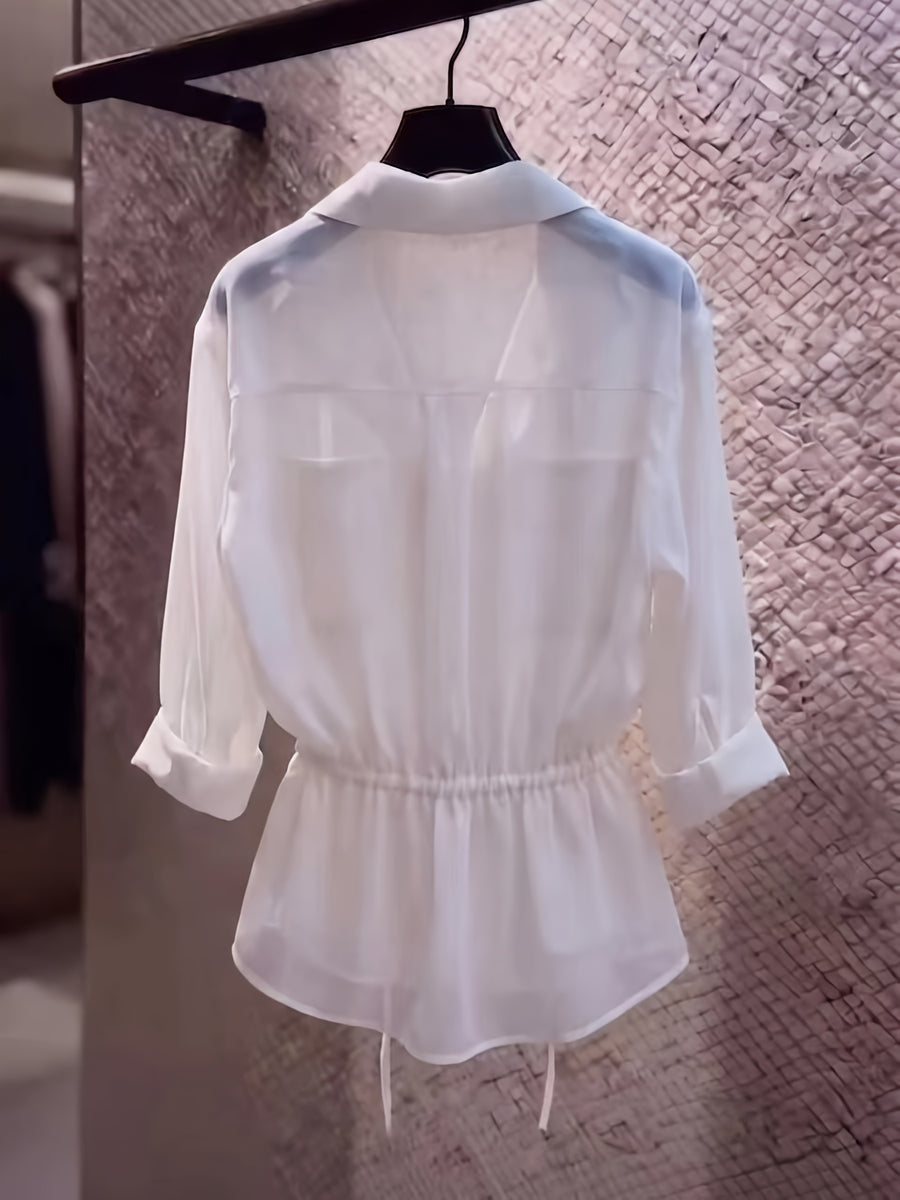 Drawstring Waist Chiffon Shirt, Lapel Collar with Cargo Pockets - White