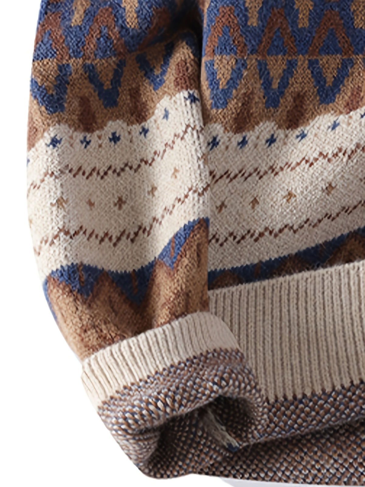 Men'S Round Neck Sweater, Autumn And Winter New Style, Personalized Ethnic Style, Fashionable Contrasting Color Knit Sweater, Warm Pullover, Base Top - Coffee Color