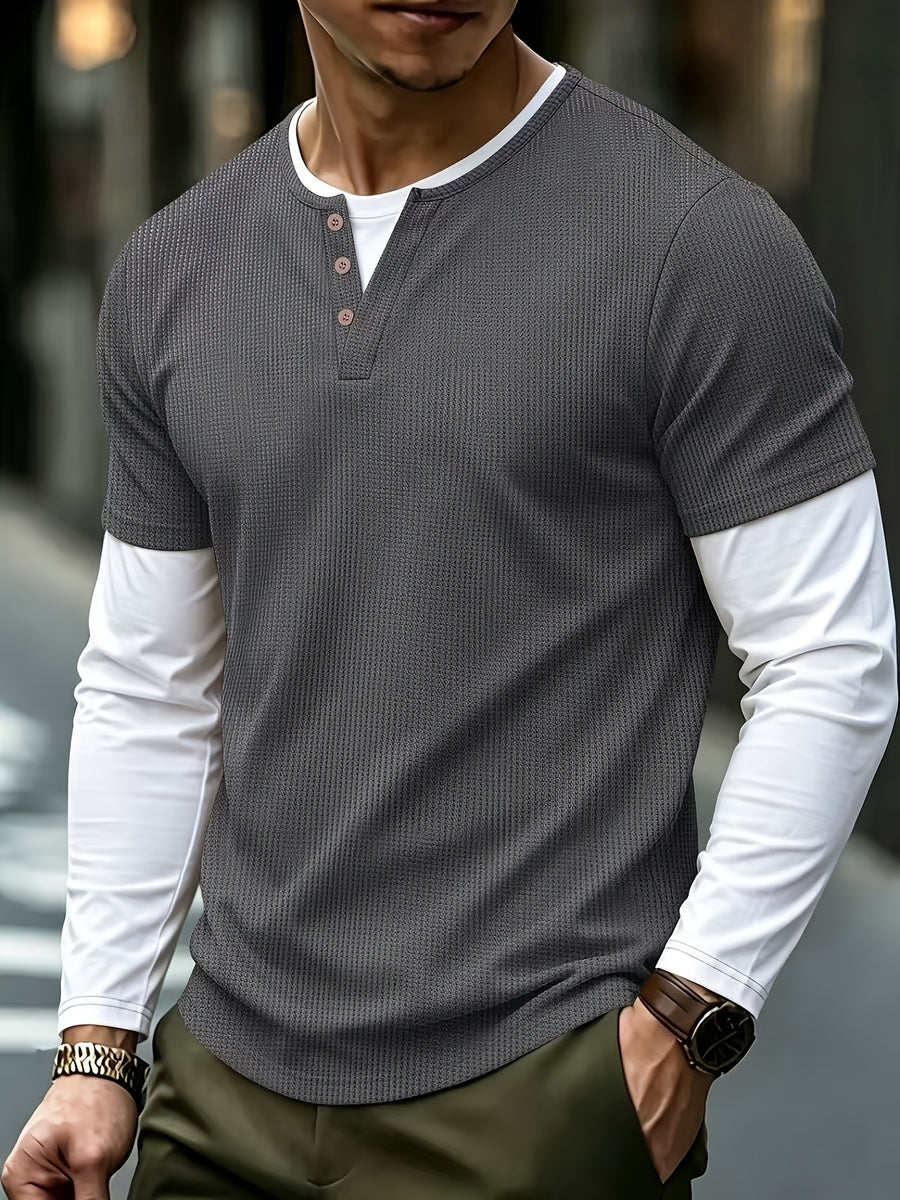 Spring/Autumn Men's Waffle Knit Henley Neck T-Shirt 2-in-1 Look Black and White Color Block Loose Long Sleeve Top - Grey