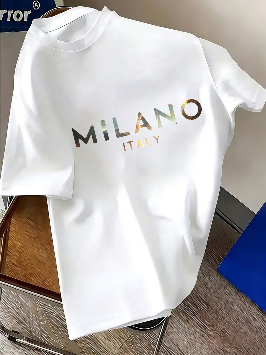 Italian Luxury Style! MILANO Gradient Letter Print Heavyweight Men's Short Sleeve T-Shirt, Trendy Loose Half Sleeve - White
