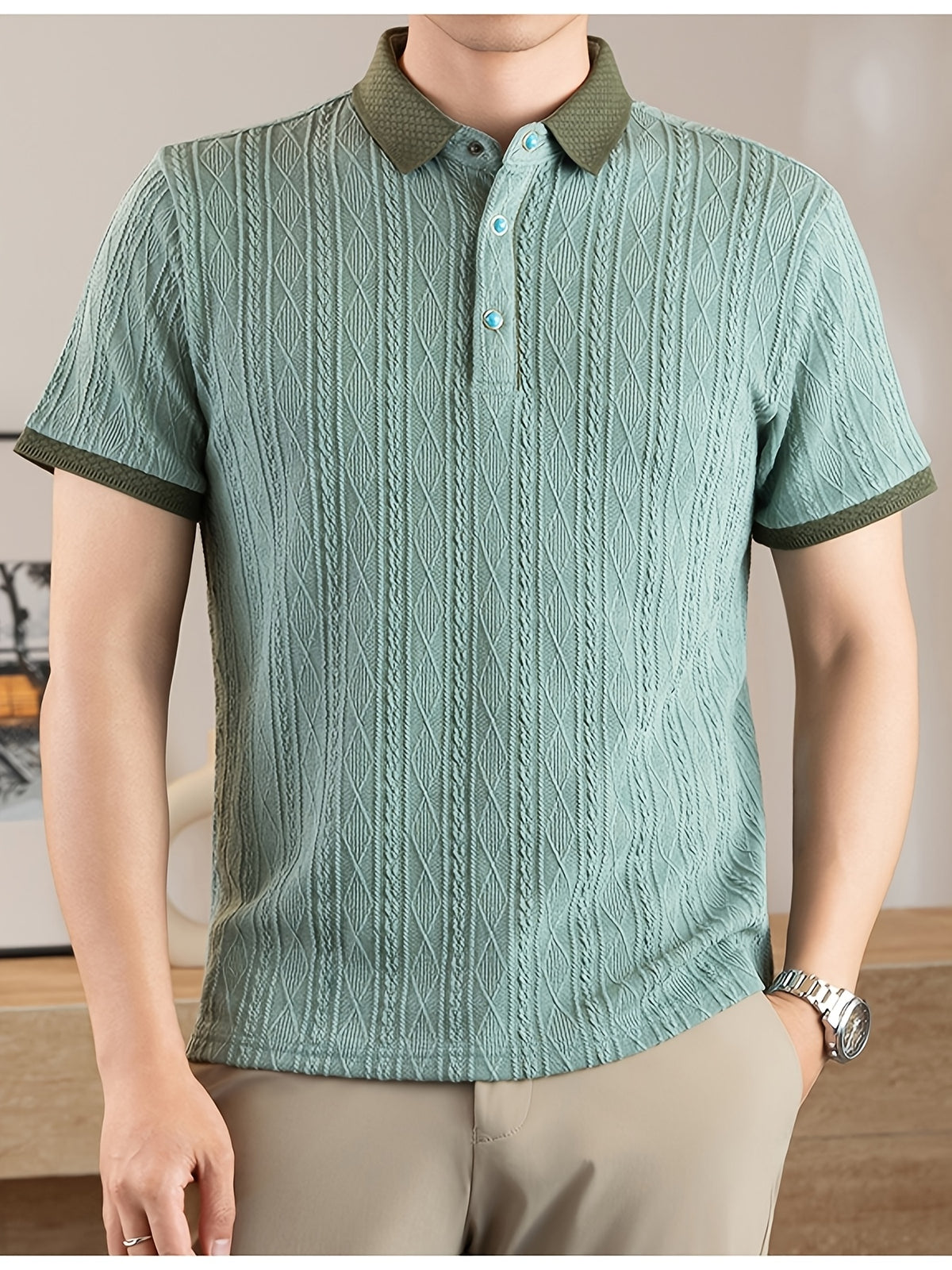 Men's Embossed Jacquard Short-Sleeve Polo Shirt, Available in Multiple Colors, Featuring a Textured, Fine, and Skin-Friendly Fabric with Contrast-Color Lapels. Suitable for Business Commuting, Business Trips, Receiving Guests, Golf, Fishing - Bean Green
