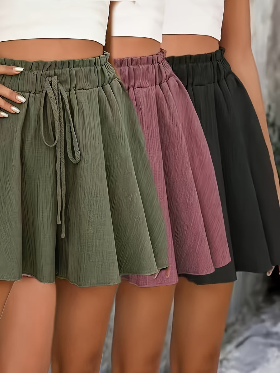 Women's 3pcs Wide-Leg Shorts, Summer Versatile Bud-Print Elastic Waist Casual Loose High-Waist Thin Shorts - Black + Magenta + Army Green