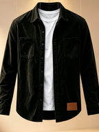 Men'S Fashion Corduroy Solid Color Lapel Shirt, Pocket Embellished Casual Open Front Blouse Men'S Top Shirt - Black